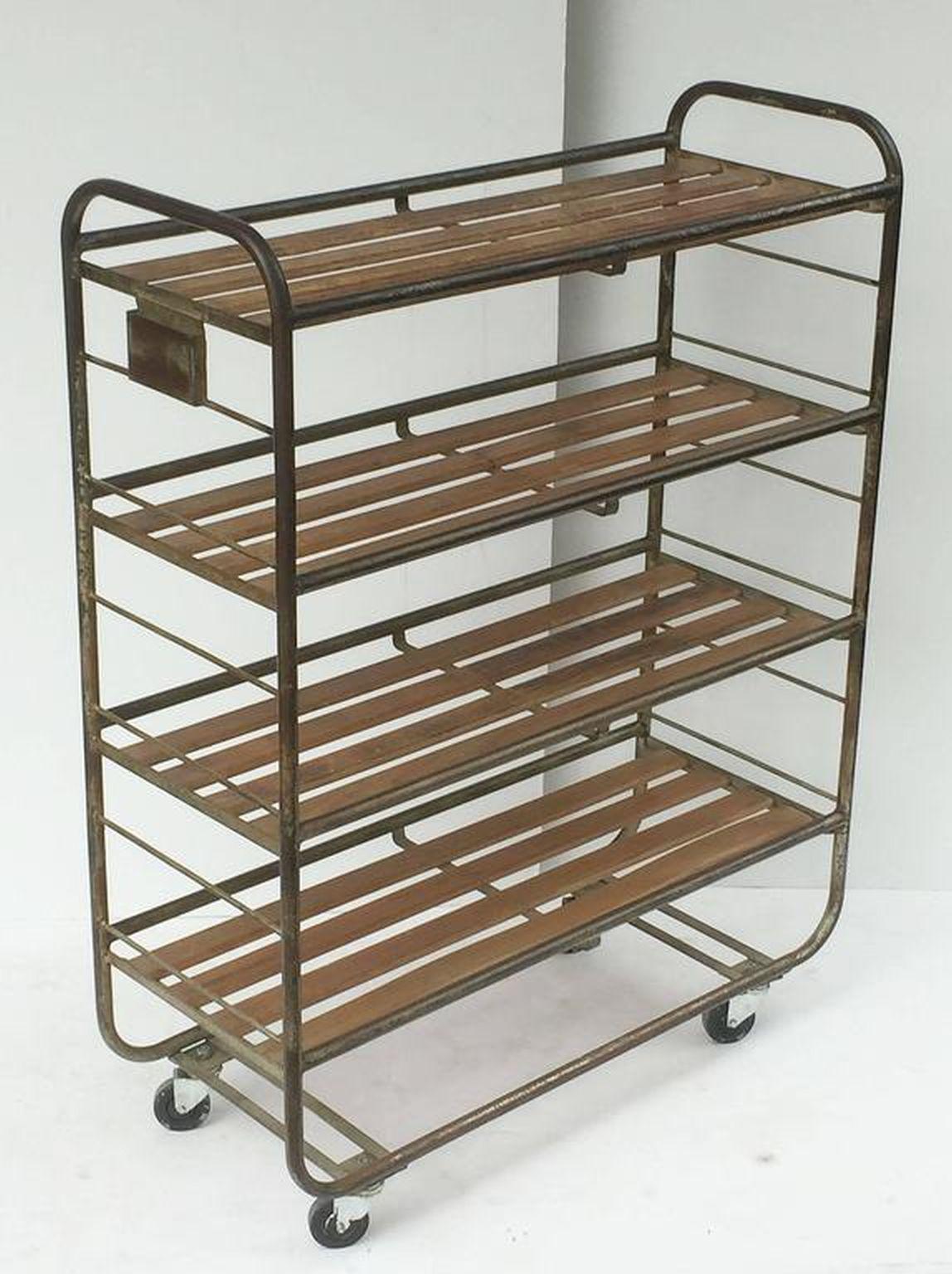French Industrial Rolling Rack of Steel and Wood In Excellent Condition In Austin, TX