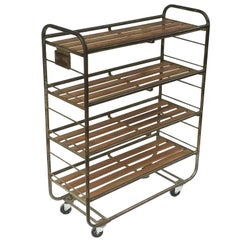 Antique French Industrial Rolling Rack of Steel and Wood