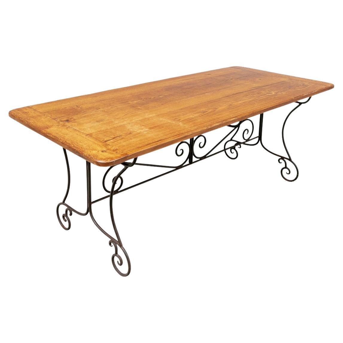 French Industrial Style Dining/ Work Table with Breadboard Top For Sale