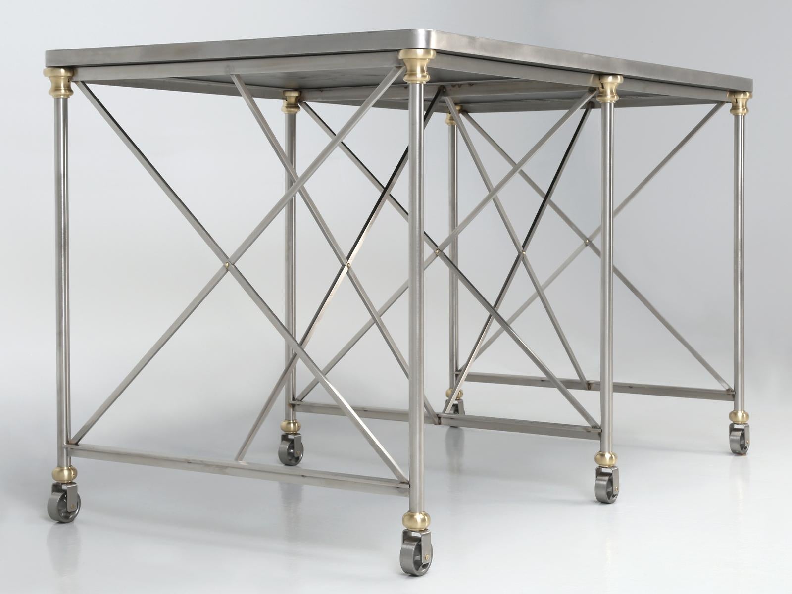 French Industrial Style Kitchen Island Made from Stainless Steel and Brass For Sale 2