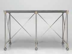 French Industrial Style Kitchen Island Made from Stainless Steel and Brass