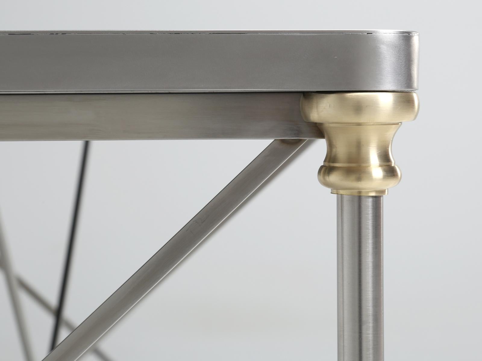 French Industrial Style Kitchen Island Made from Stainless Steel and Brass For Sale at 1stDibs
