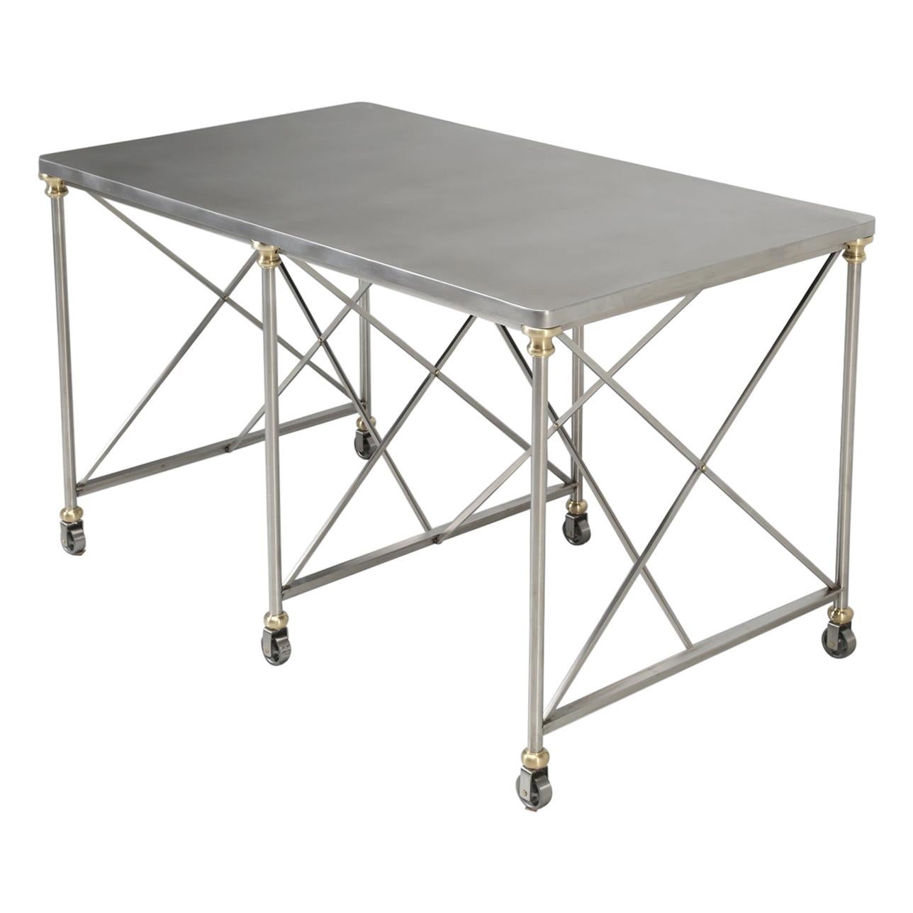 French Industrial Style Kitchen Island Made from Stainless Steel and Brass
