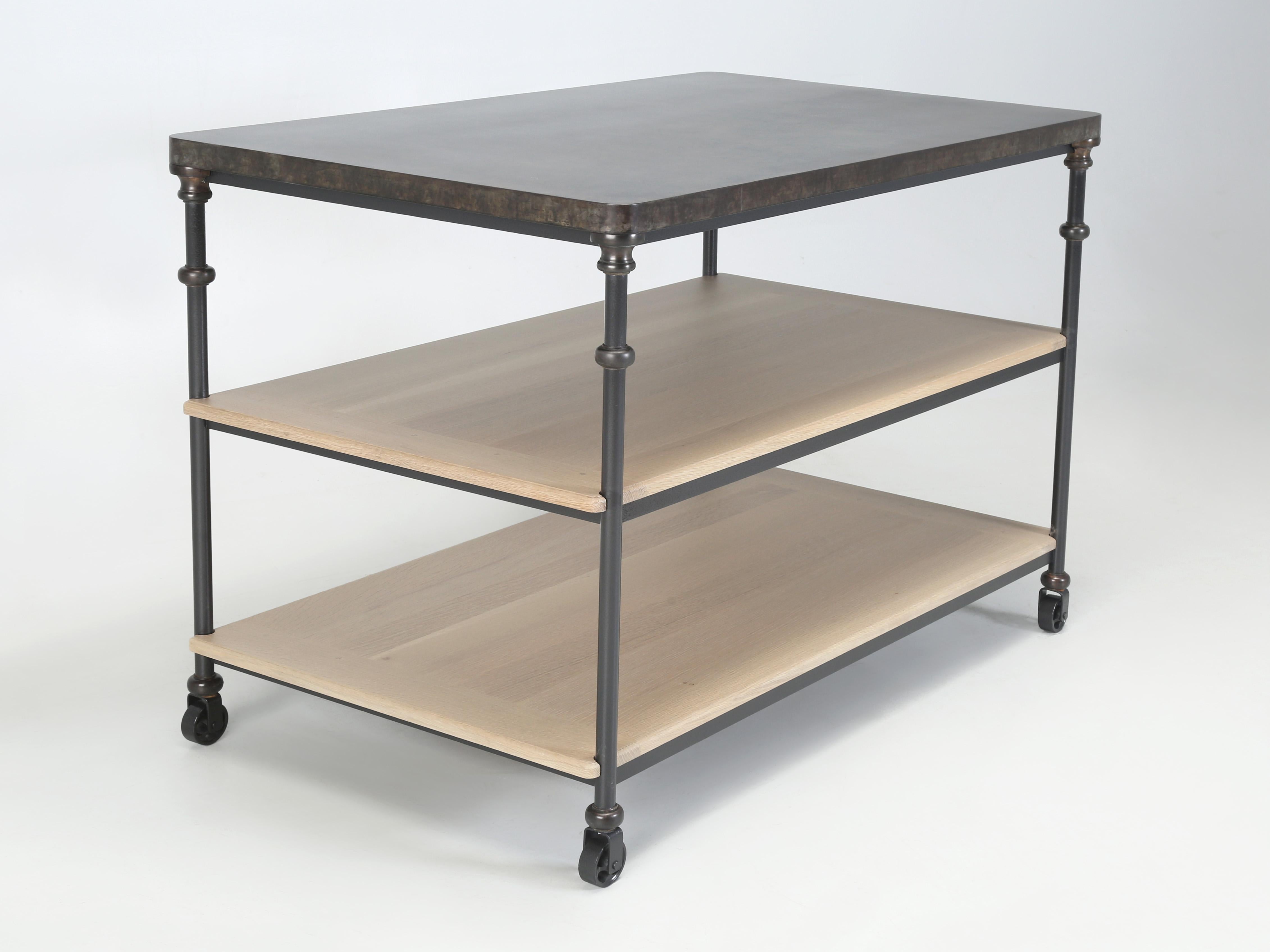 American French Industrial Style Kitchen Island Zinc, Bronze, Steel by Old Plank Any Size For Sale