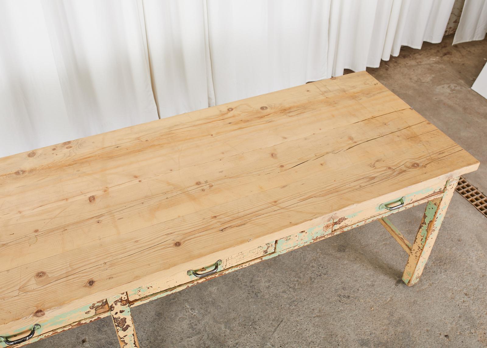 French Industrial Style Painted Pine Farmhouse Potting Table In Good Condition In Rio Vista, CA