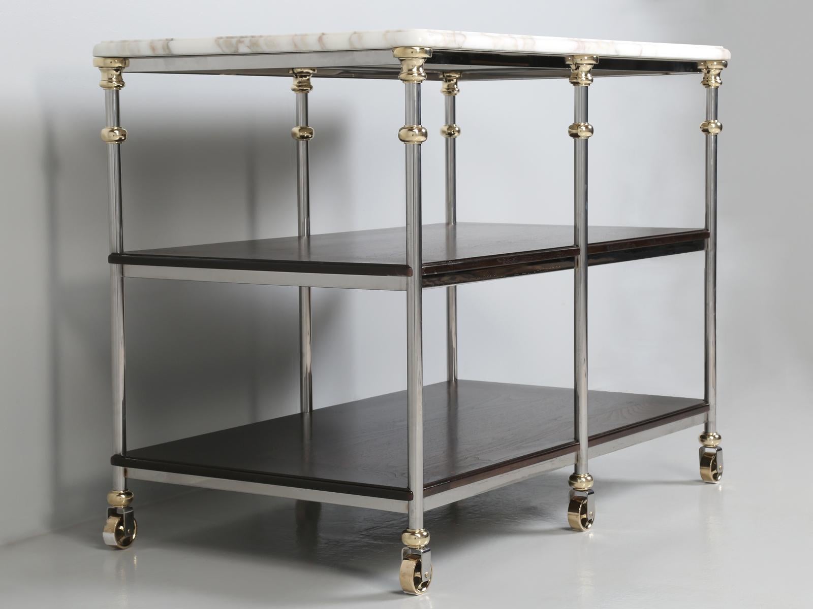 American French Industrial Style Stainless and Brass Kitchen Island Built to Order