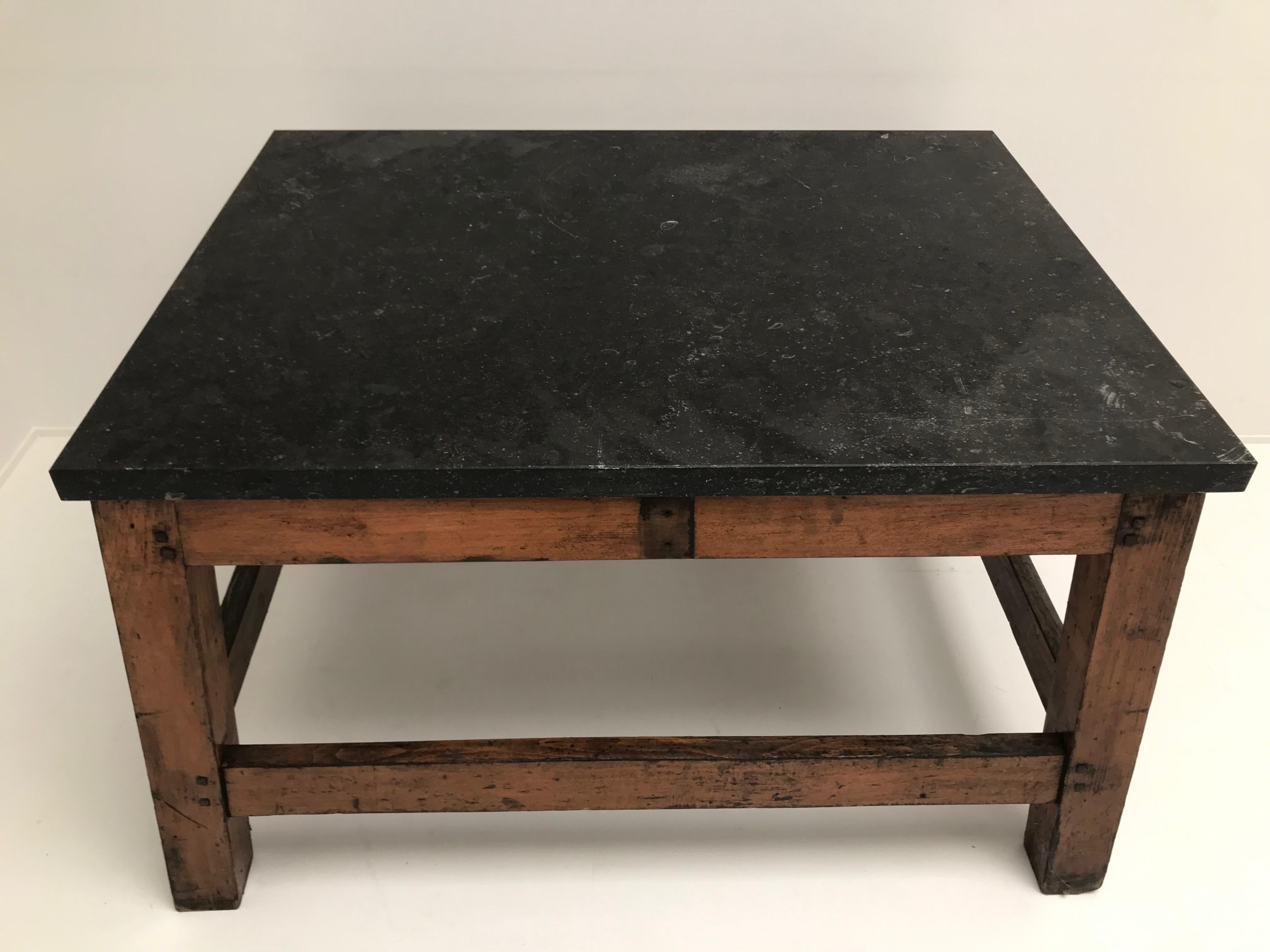 Polished French Industrial Table with Bluestone Top For Sale