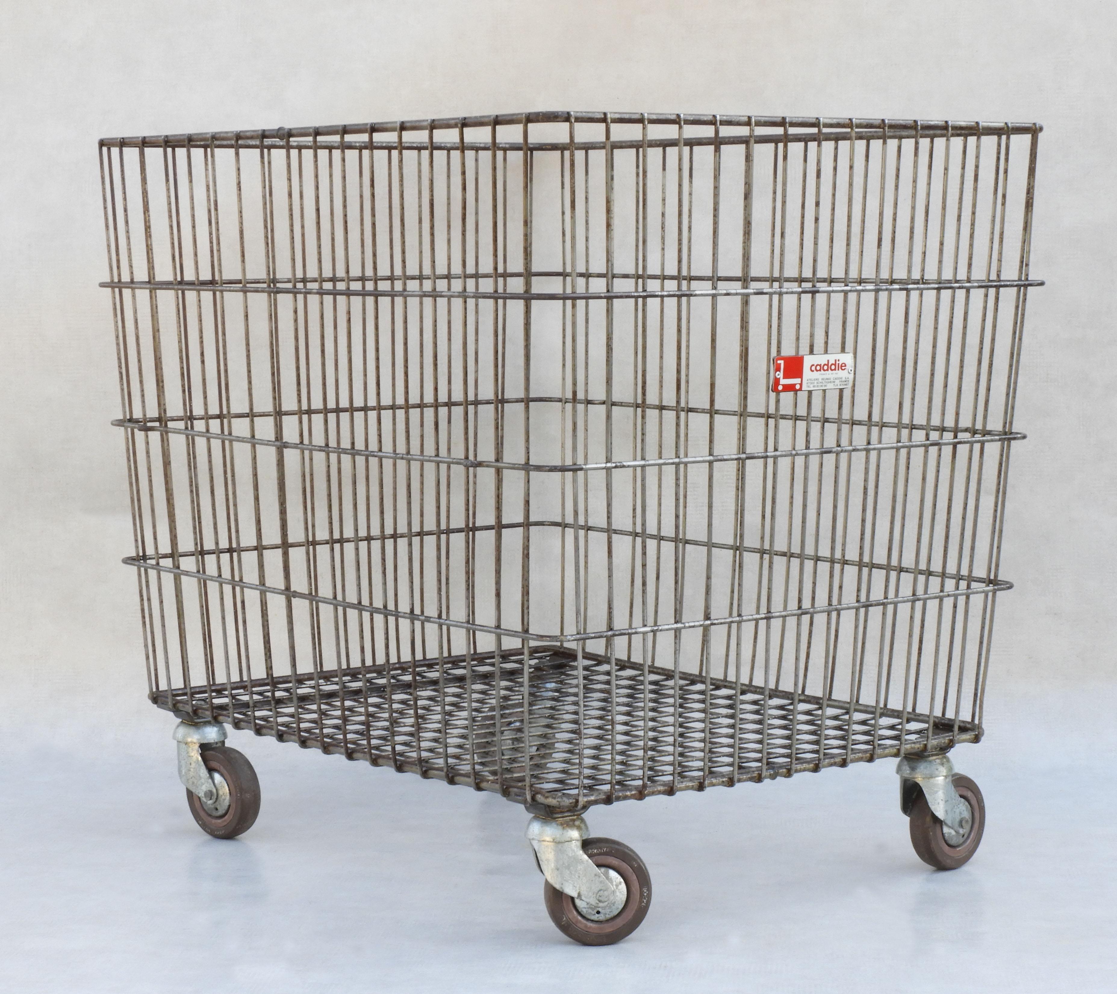 Metal French Industrial Trolley Basket Cart C1970