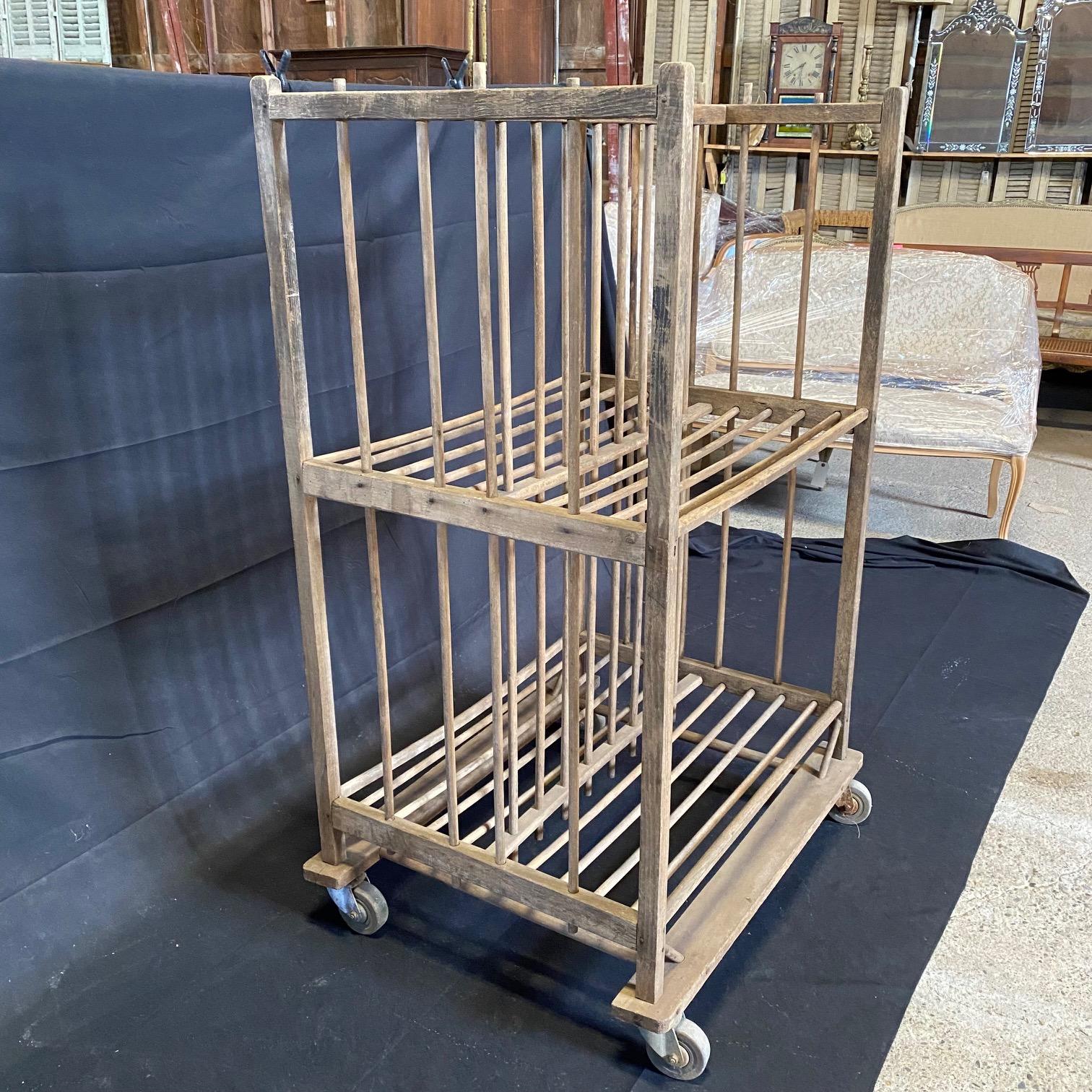 French Industrial Wood Bakers Rack on Casters  For Sale 7