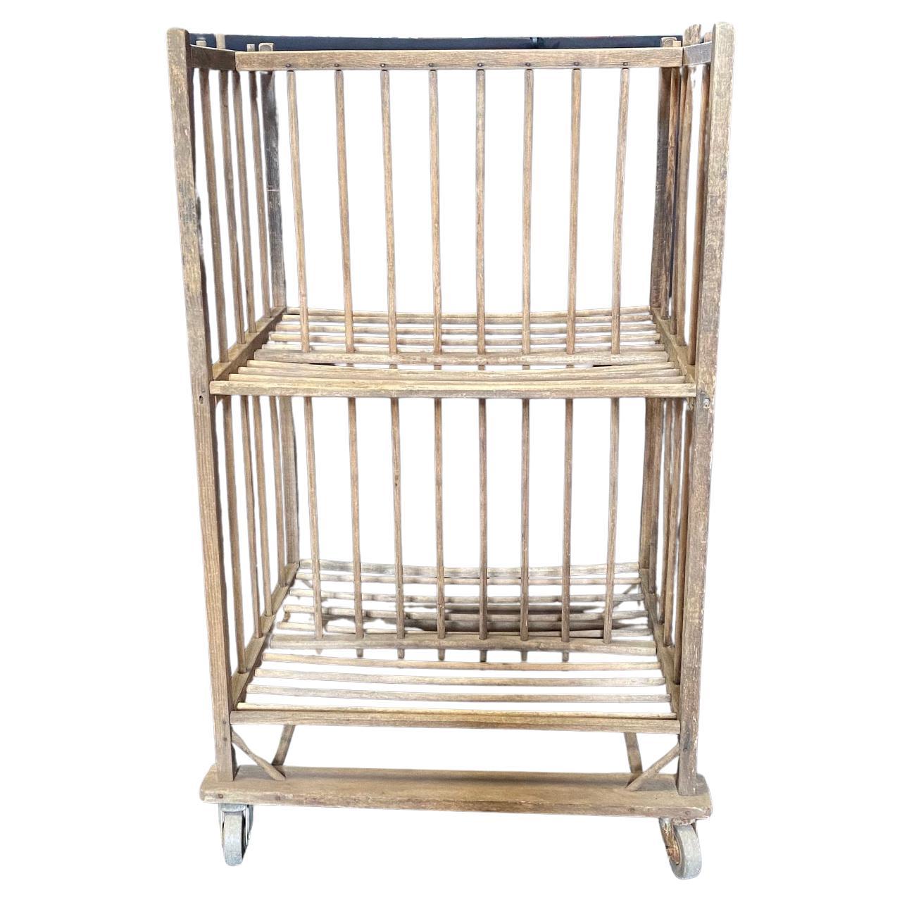 French Industrial Wood Bakers Rack on Casters 