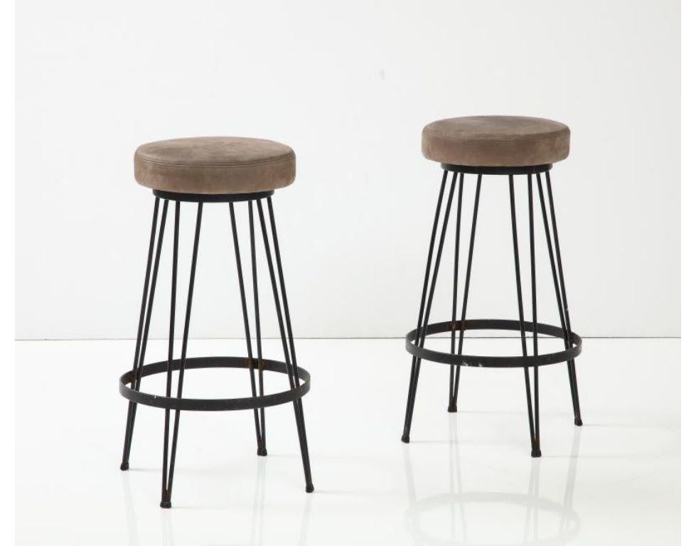 French Industrial Wrought Iron Counter Stools with Nubuck Upholstery, c. 1960

Graphic wrought iron stools; at once industrial and refined.

