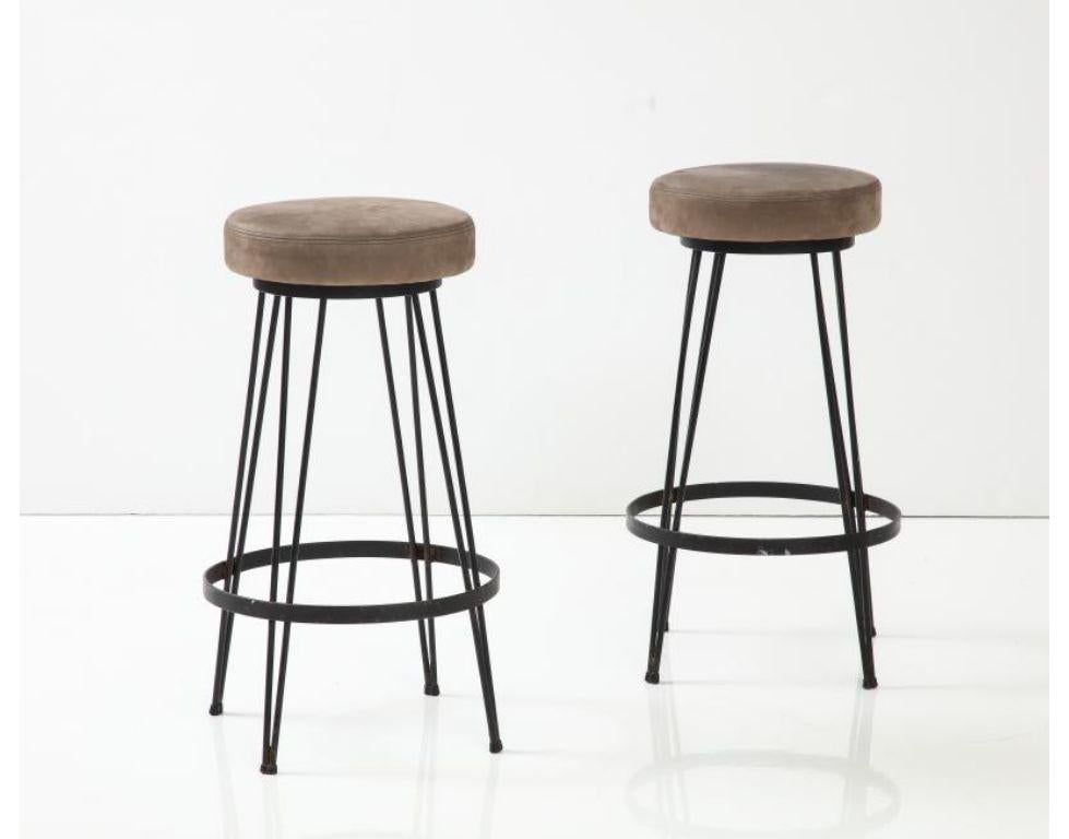 Modern French Industrial Wrought Iron Counter Stool with Nubuck Upholstery, c. 1960