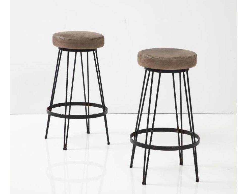 Lacquered French Industrial Wrought Iron Counter Stool with Nubuck Upholstery, c. 1960
