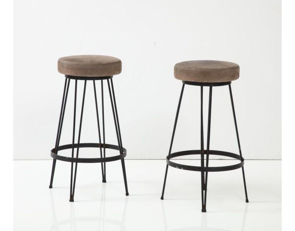 French Industrial Wrought Iron Counter Stool with Nubuck Upholstery, c. 1960 In Good Condition For Sale In New York City, NY