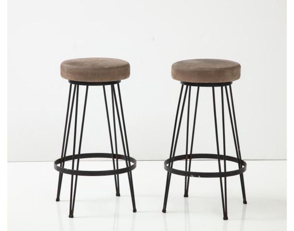 20th Century French Industrial Wrought Iron Counter Stool with Nubuck Upholstery, c. 1960 For Sale