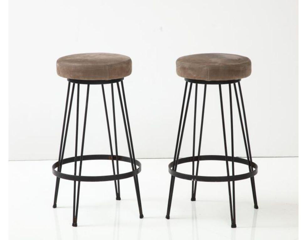 French Industrial Wrought Iron Counter Stool with Nubuck Upholstery, c. 1960 For Sale 1
