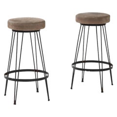 Taburete industrial francés de hierro forjado con tapicería de nobuk, c. 1960