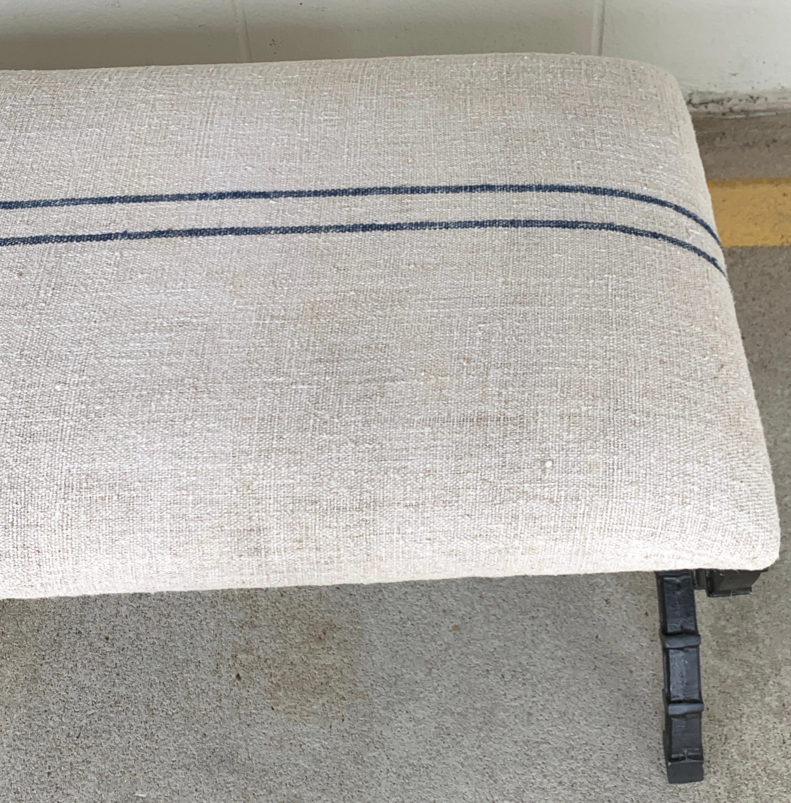 French Industrial X-Stretcher Long Bench with Blue Stripe Linen Upholstery  For Sale 3
