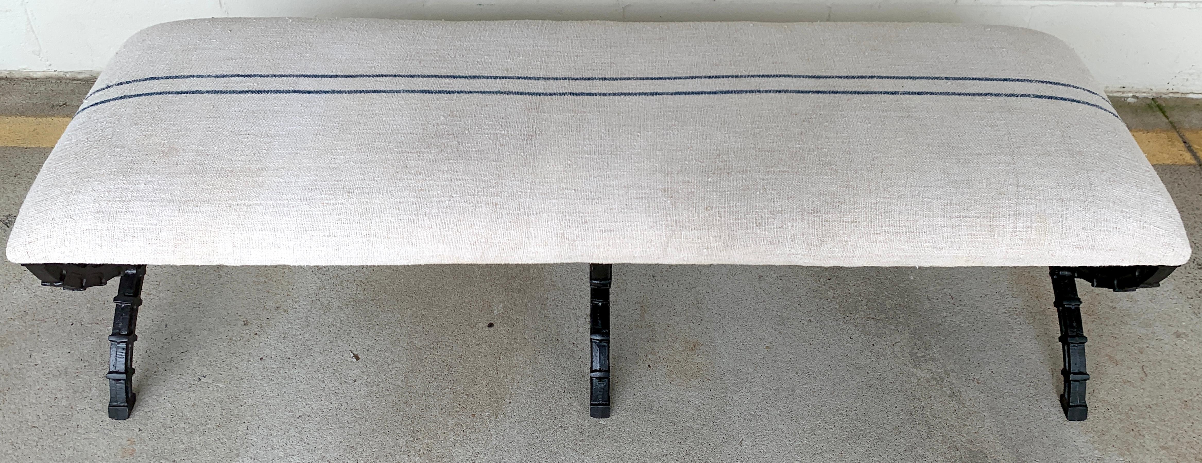French Industrial X-Stretcher Long Bench with Blue Stripe Linen Upholstery  For Sale 4