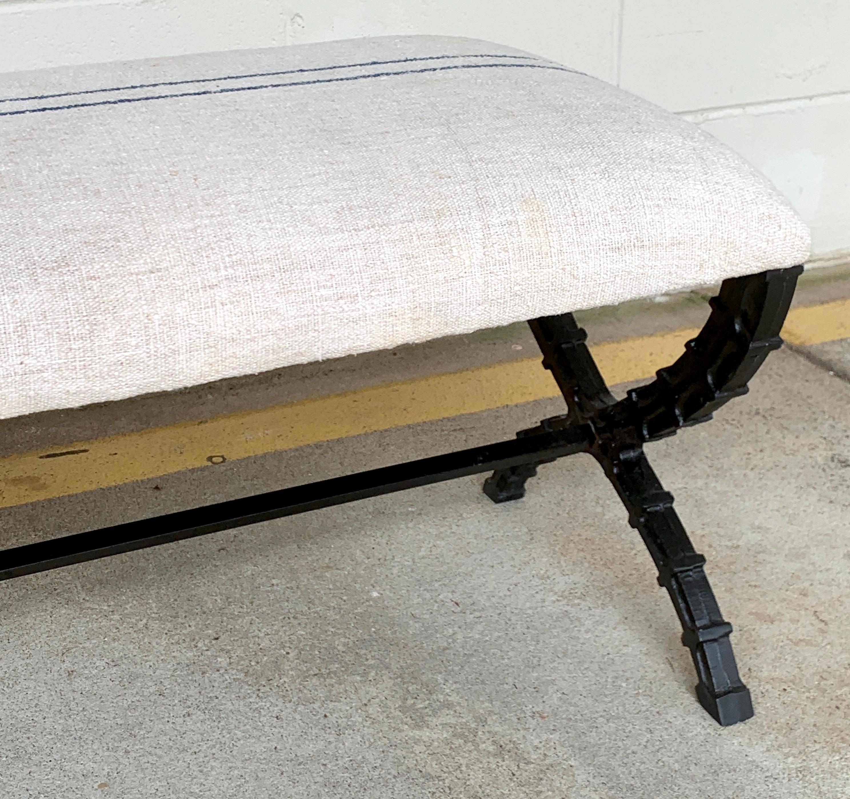French Industrial X-Stretcher Long Bench with Blue Stripe Linen Upholstery  In Good Condition For Sale In Atlanta, GA