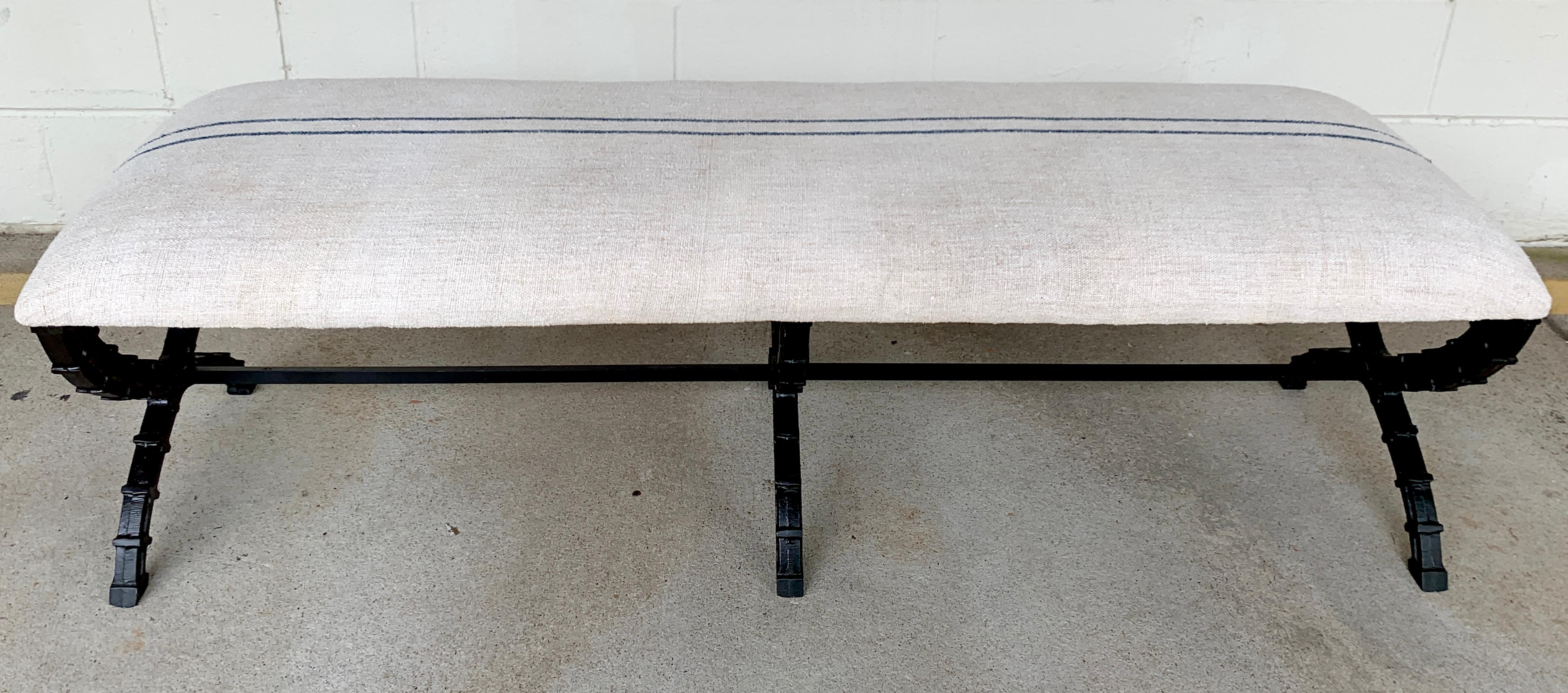 20th Century French Industrial X-Stretcher Long Bench with Blue Stripe Linen Upholstery  For Sale