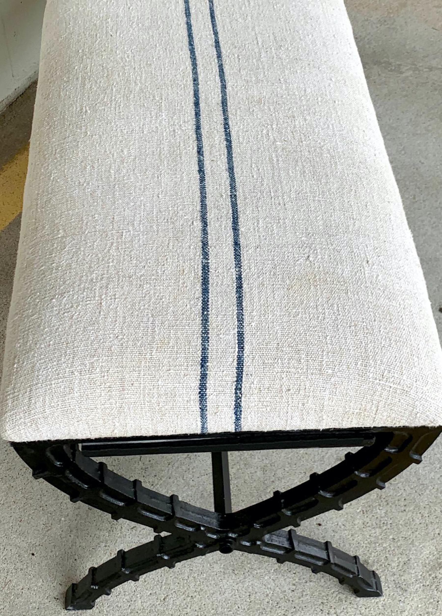 French Industrial X-Stretcher Long Bench with Blue Stripe Linen Upholstery  For Sale 1