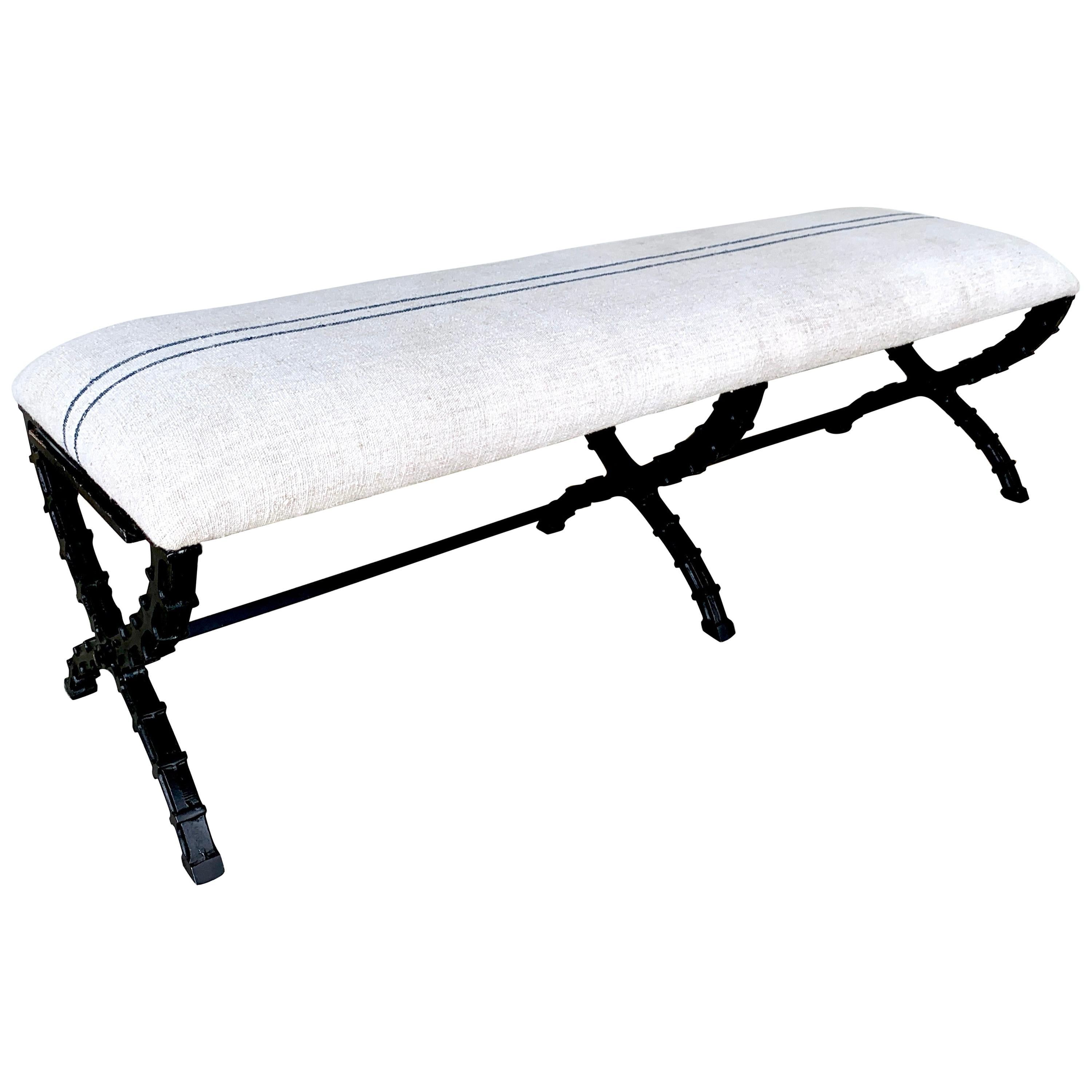 French Industrial X-Stretcher Long Bench with Blue Stripe Linen Upholstery  For Sale