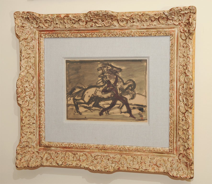 Early 20th century ink and gouache drawing of a man with rearing horse on paper with personalized stamp on bottom right, with double linen matte in elaborately hand carved original frame; by Henri Deluermonz (1876-1943) a contemporary of Gustave