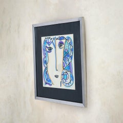 French Ink + Gouache on Paper Painting by Miodrag Vojić No. 03, 1950s