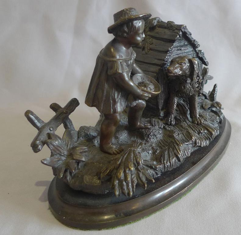 Patinated French Inkstand and Pen Holder with Dog in Kennel and Boy For Sale