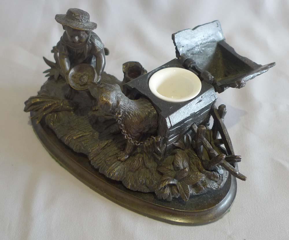 Mid-19th Century French Inkstand and Pen Holder with Dog in Kennel and Boy For Sale