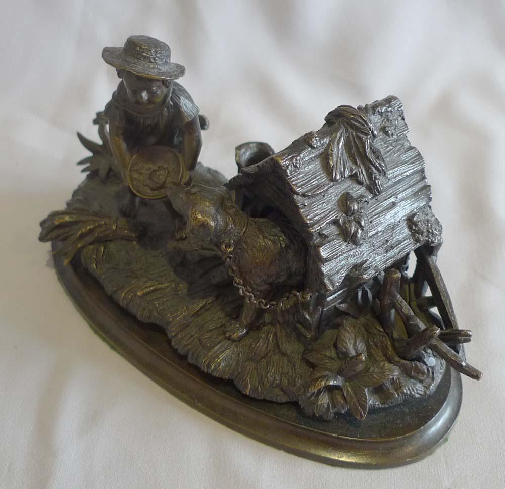 Bronze French Inkstand and Pen Holder with Dog in Kennel and Boy For Sale
