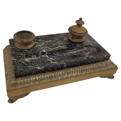 Antique French Inkwell Napoleon III bronze and black marble 