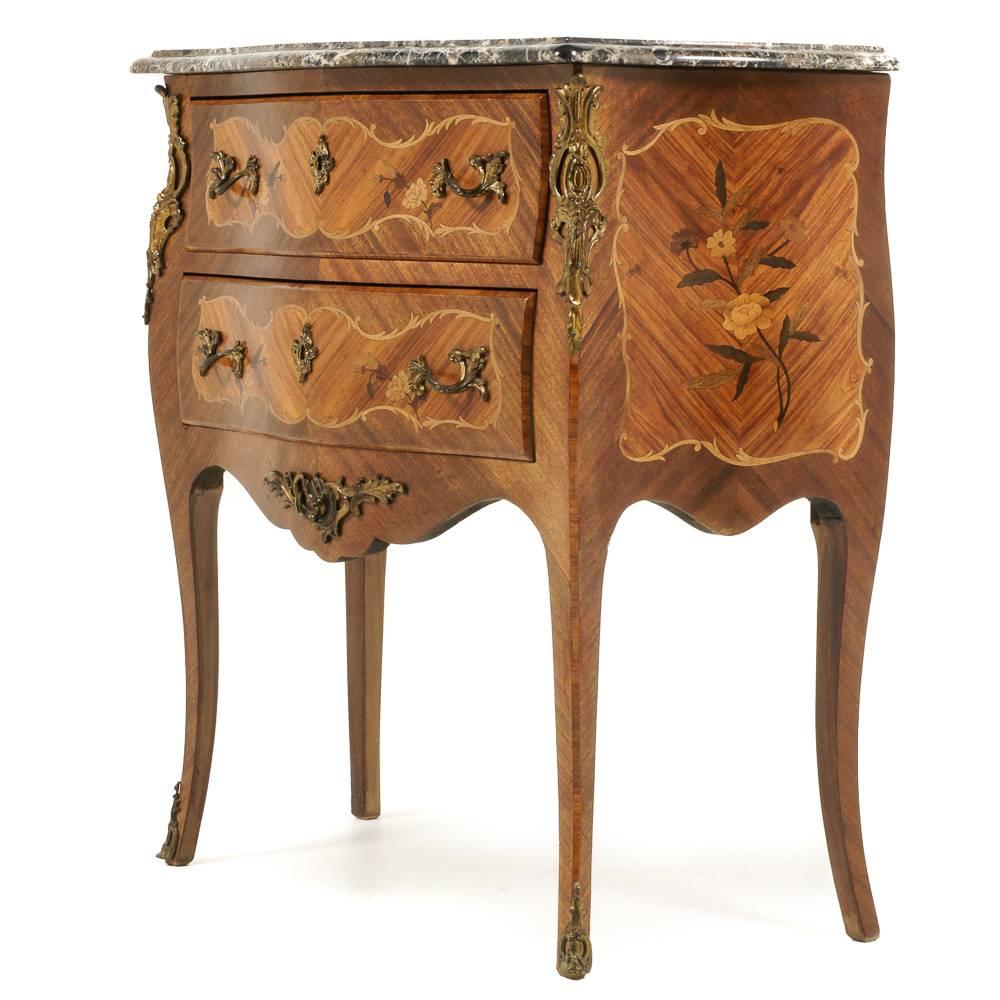Brass French Inlaid Bombe Commode
