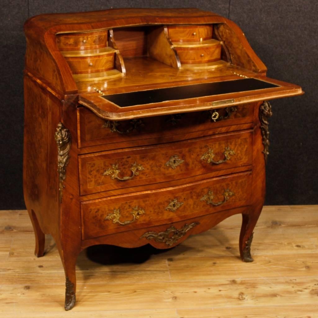 French Inlaid Bureau in Wood in Louis XV Style with Gilt Bronzes, 20th Century 1
