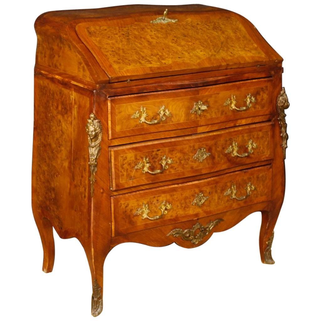 French Inlaid Bureau in Wood in Louis XV Style with Gilt Bronzes, 20th Century