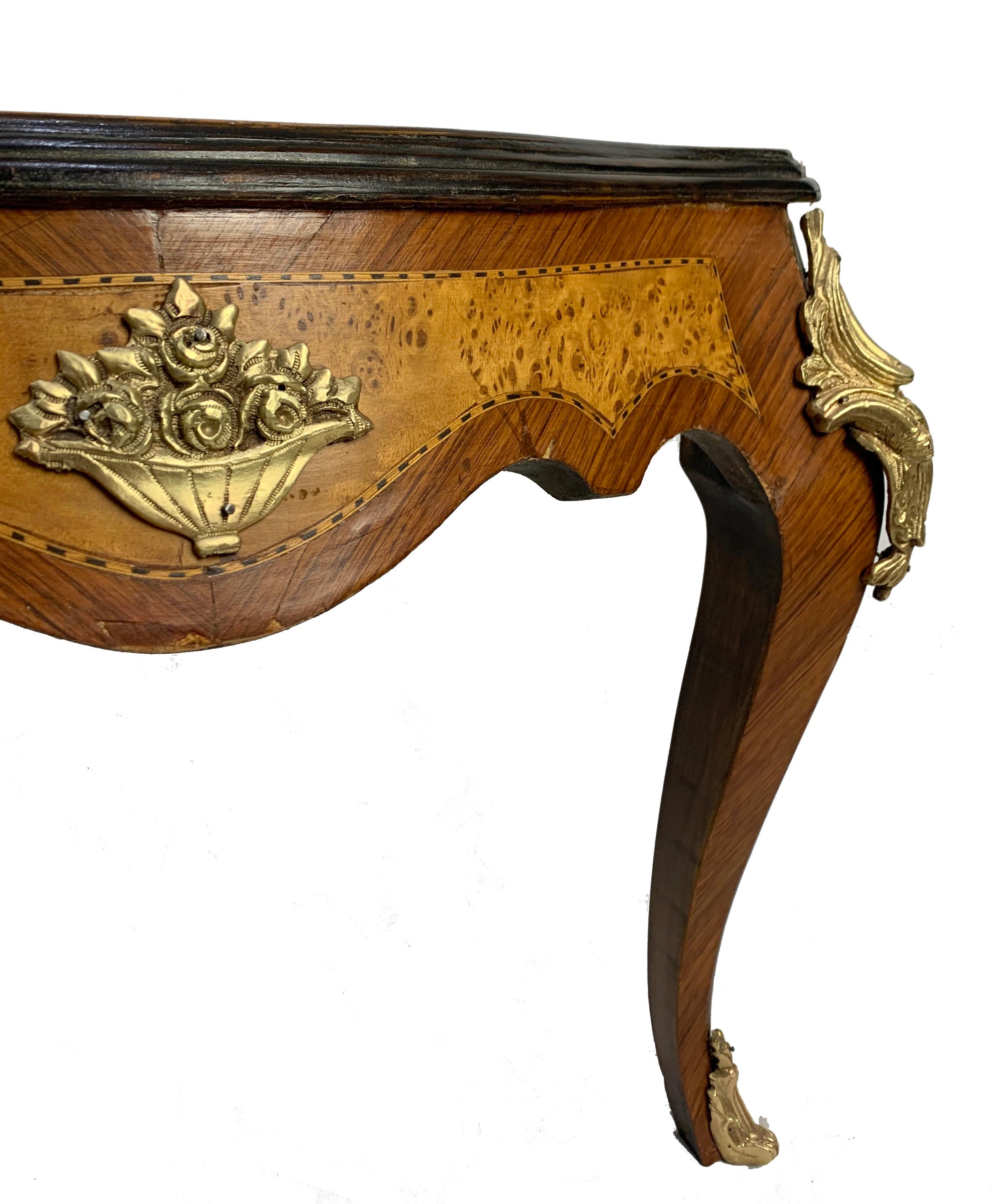 French Provincial French Inlaid Burled Walnut and Gilt Bronze Mounted Coffee Table