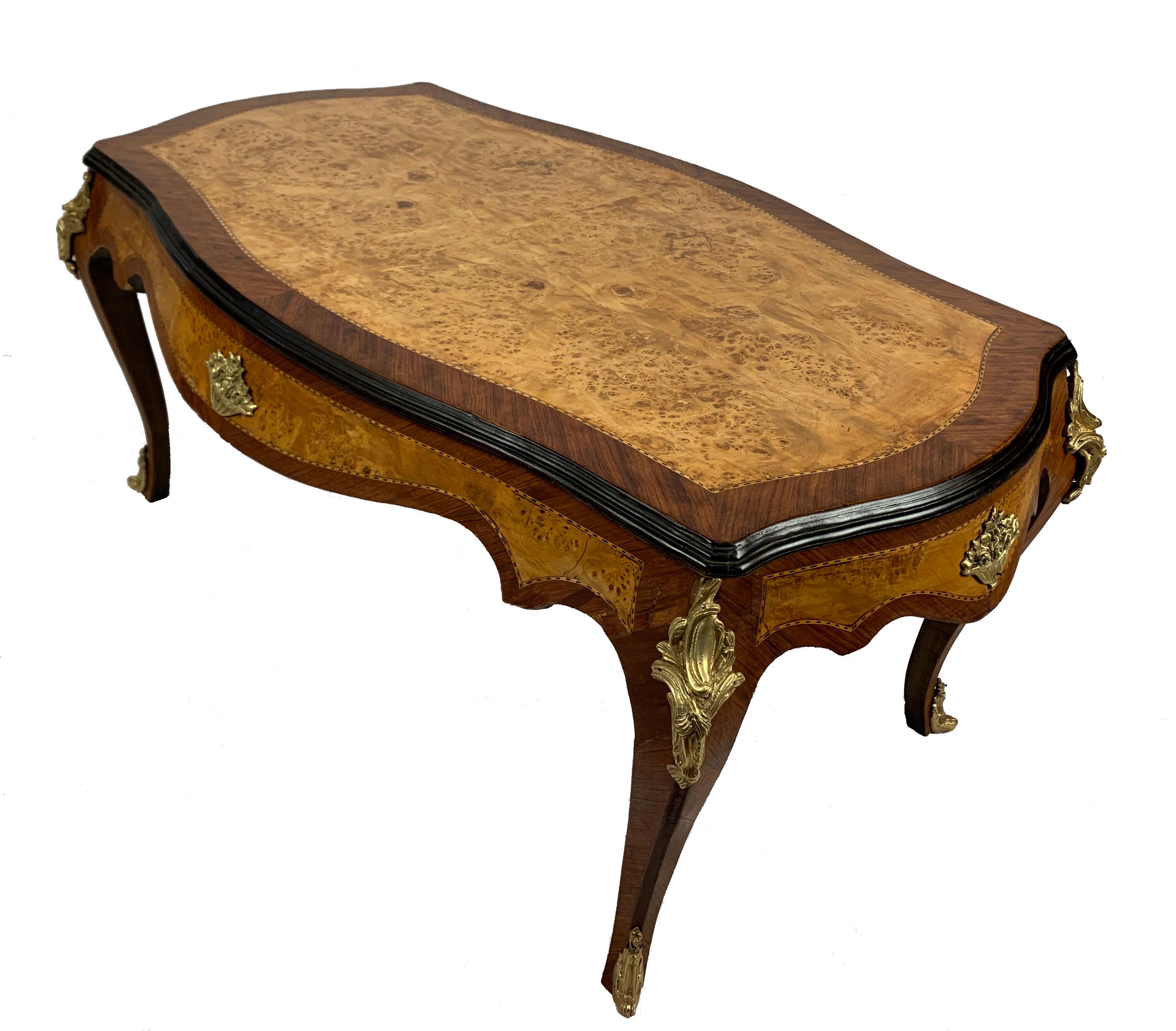 French Inlaid Burled Walnut and Gilt Bronze Mounted Coffee Table In Good Condition In West Hartford, CT