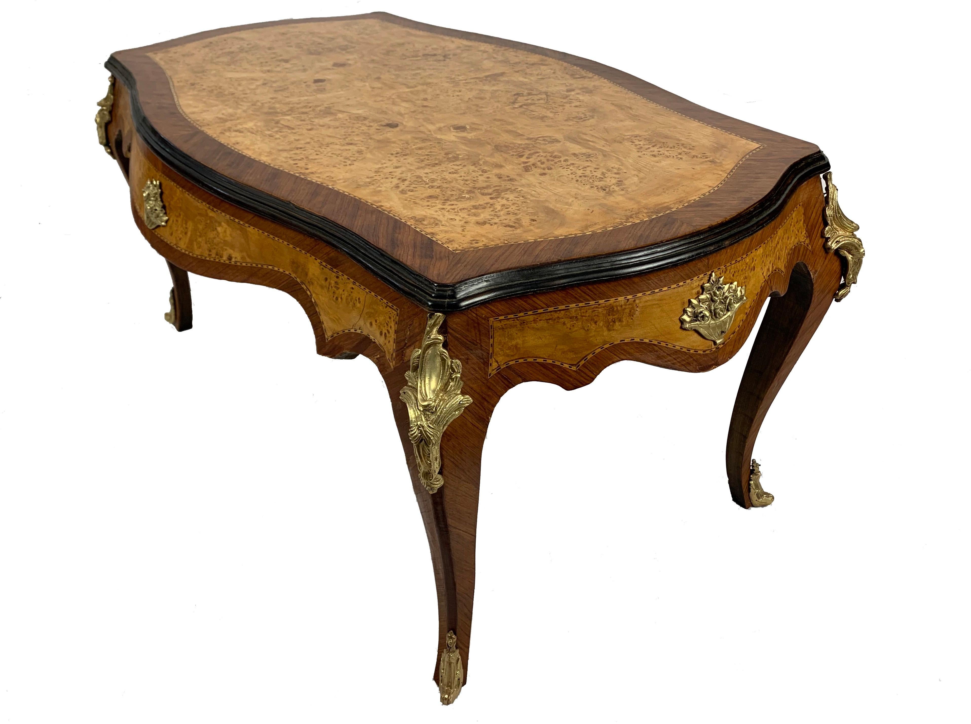20th Century French Inlaid Burled Walnut and Gilt Bronze Mounted Coffee Table
