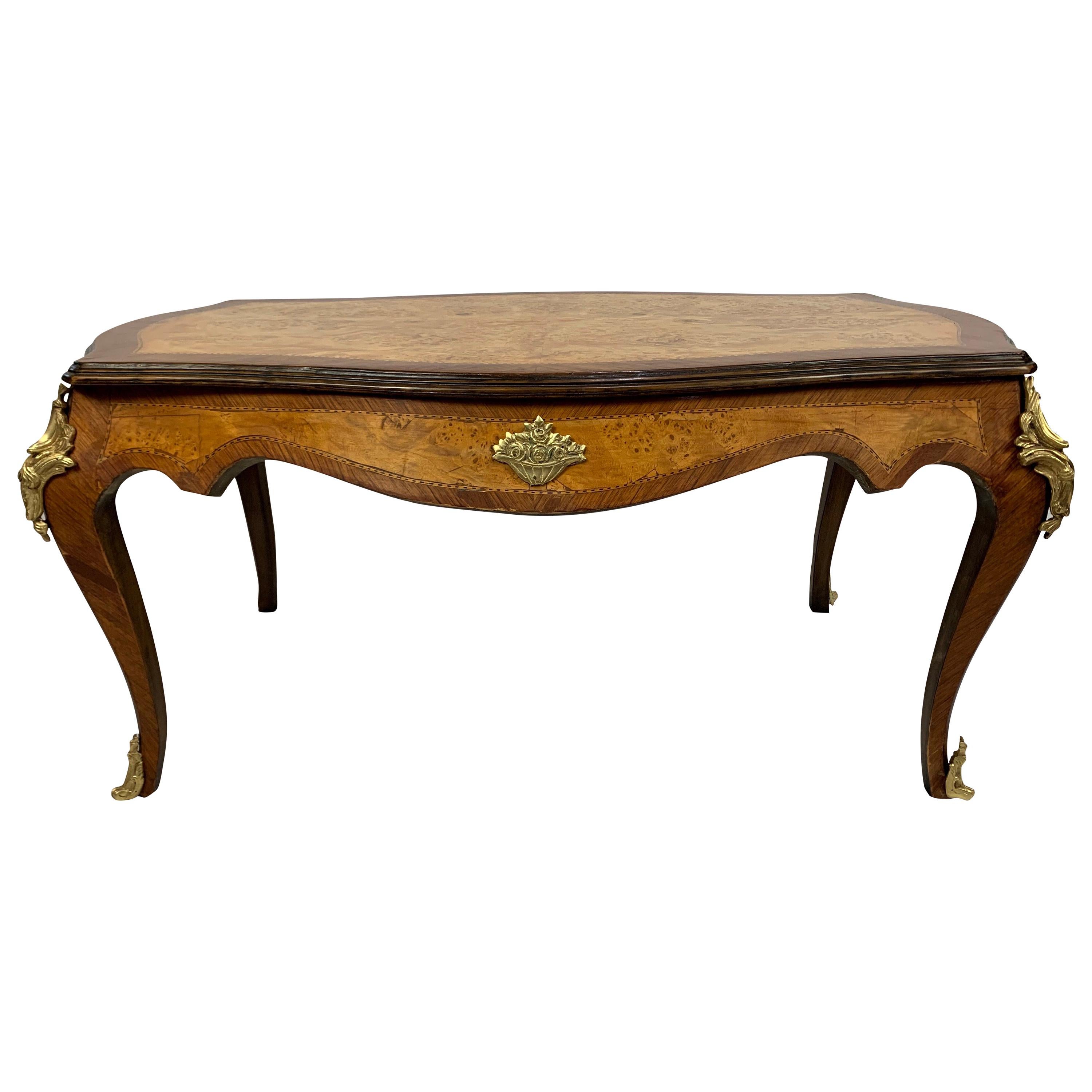 French Inlaid Burled Walnut and Gilt Bronze Mounted Coffee Table