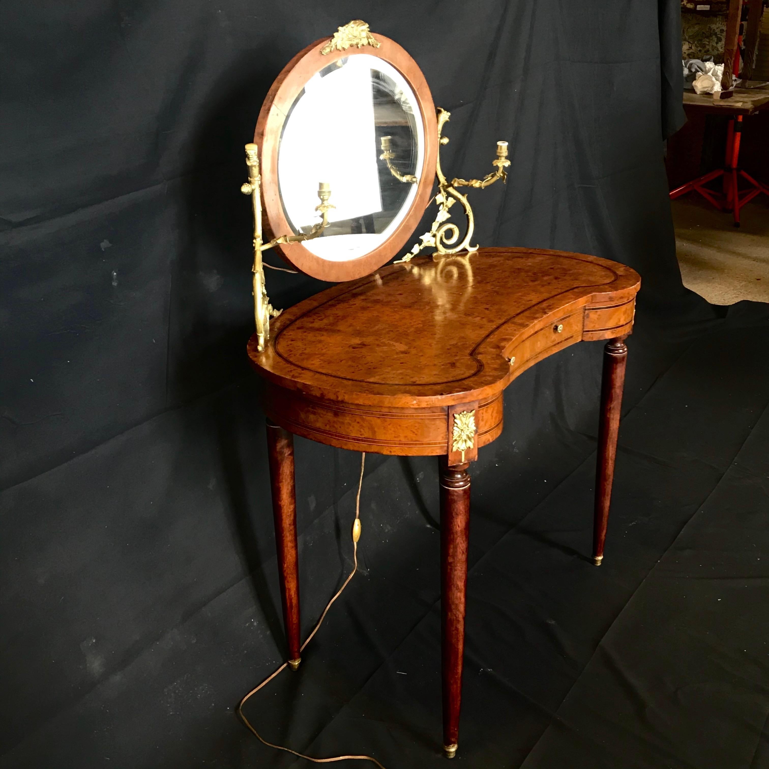 French Inlaid Burled Walnut Gilt Bronze Mounted Dressing Table with Candle Arms 7