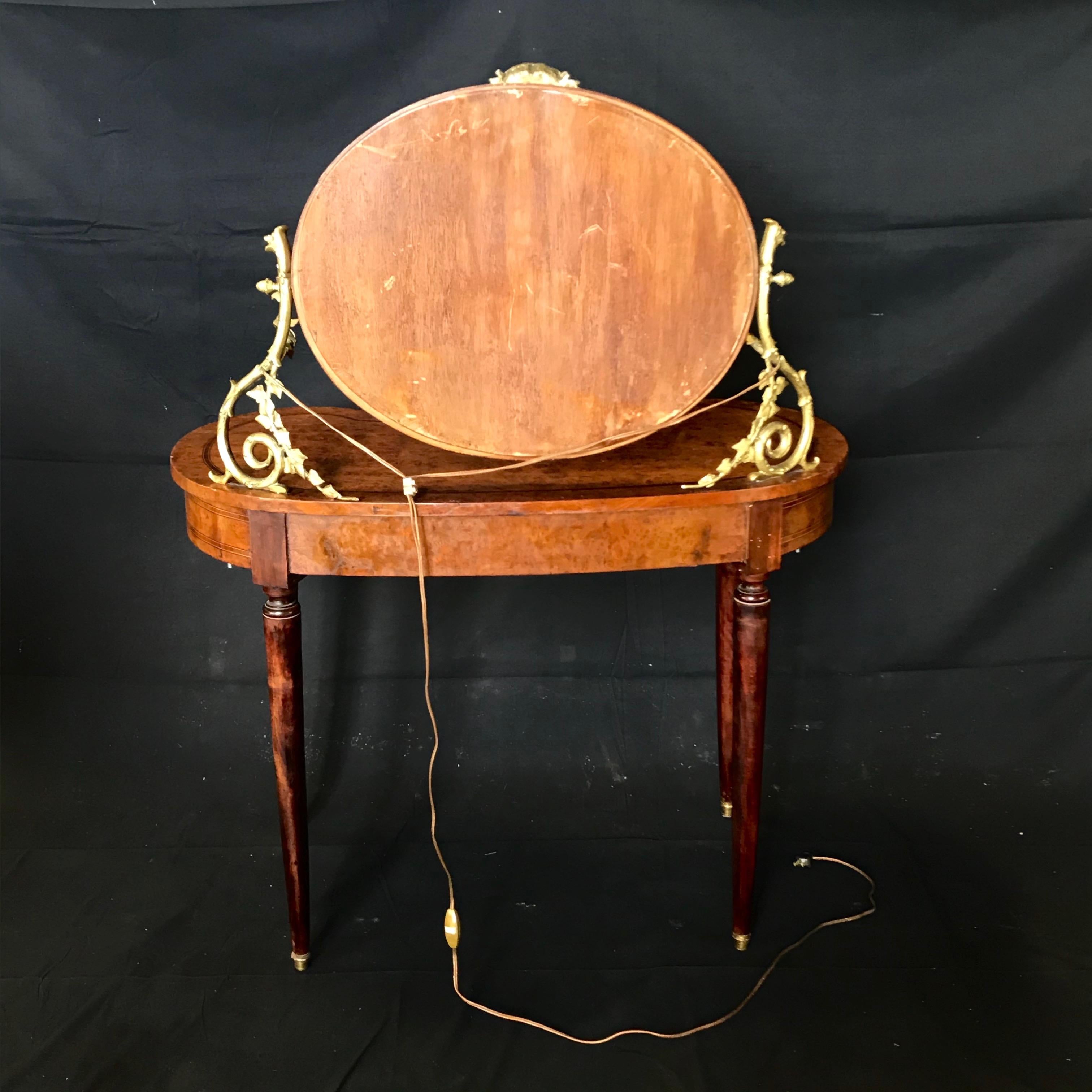 French Inlaid Burled Walnut Gilt Bronze Mounted Dressing Table with Candle Arms 14