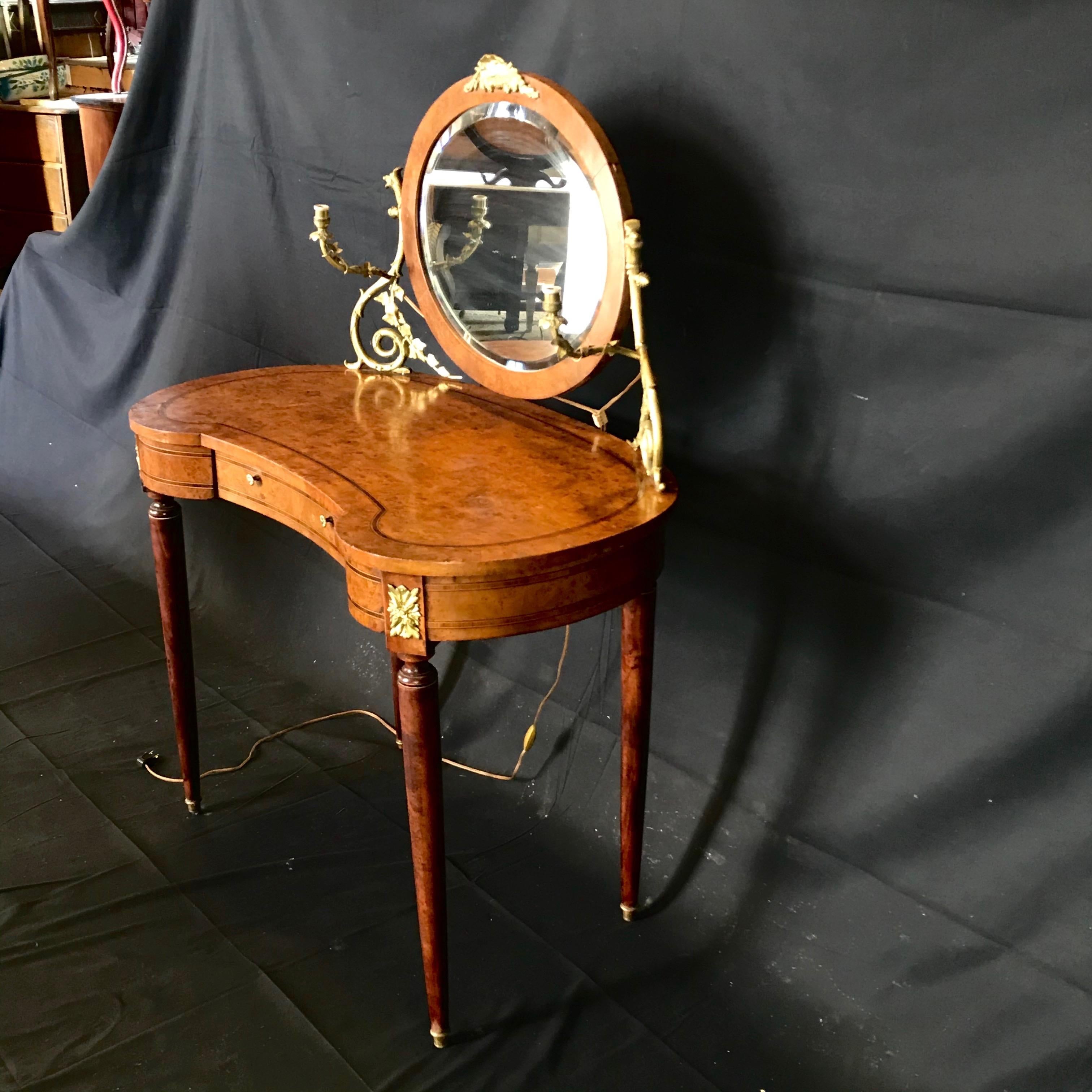 French Inlaid Burled Walnut Gilt Bronze Mounted Dressing Table with Candle Arms 2