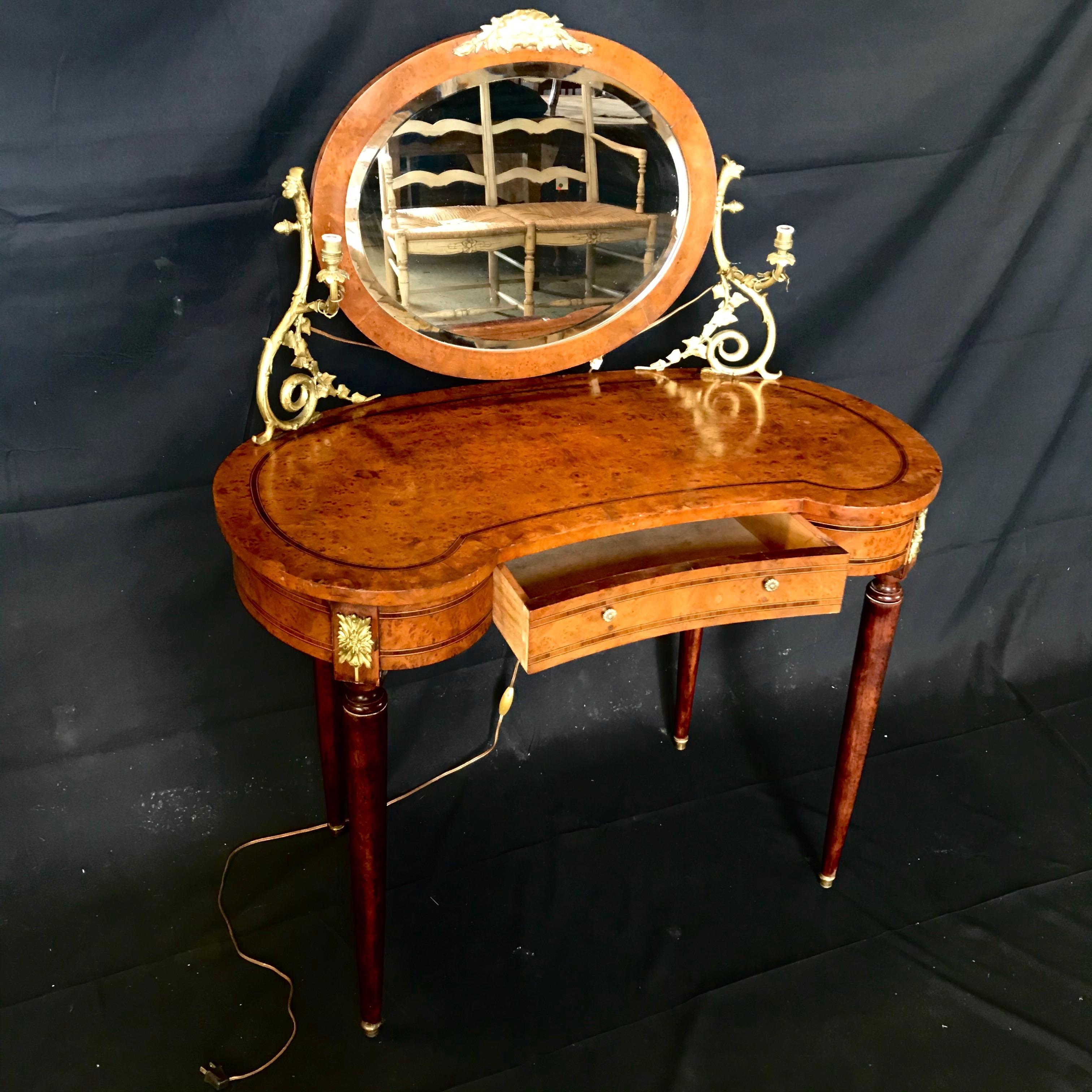 French Inlaid Burled Walnut Gilt Bronze Mounted Dressing Table with Candle Arms 3