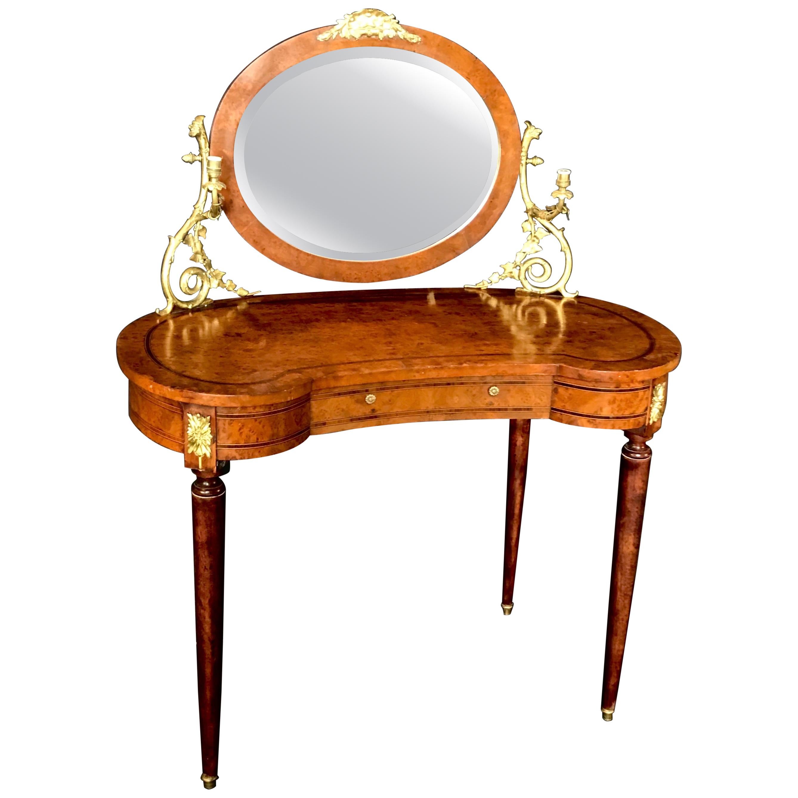 French Inlaid Burled Walnut Gilt Bronze Mounted Dressing Table with Candle Arms