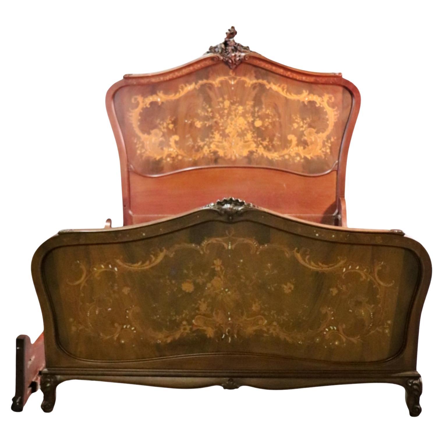 French Inlaid Carved Walnut Mother of Pearl Bed Attributed to R.J. Horner
