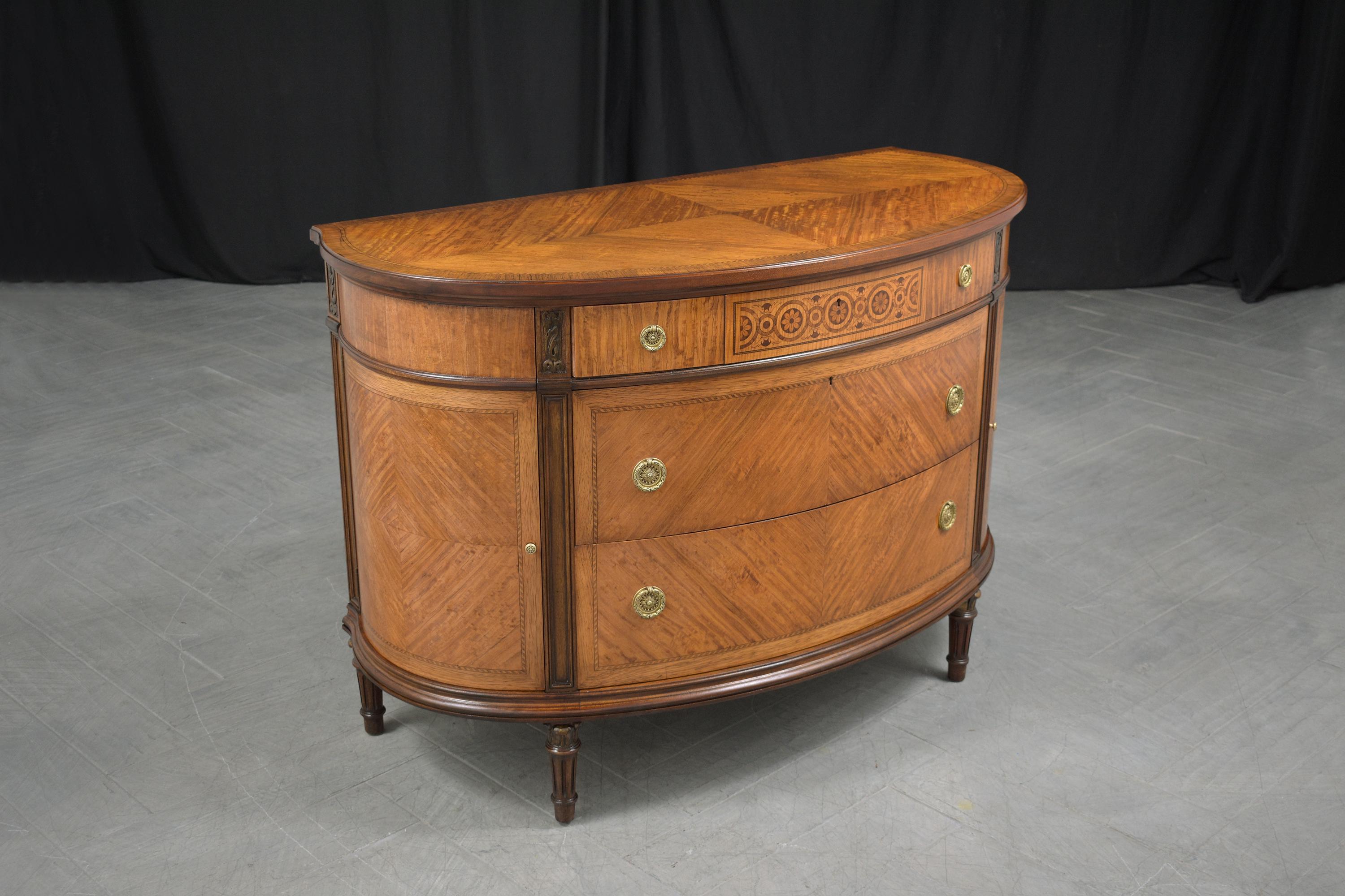 1940s Restored French Louis XVI Demilune Commode with Fruitwood Inlays & Molding 1