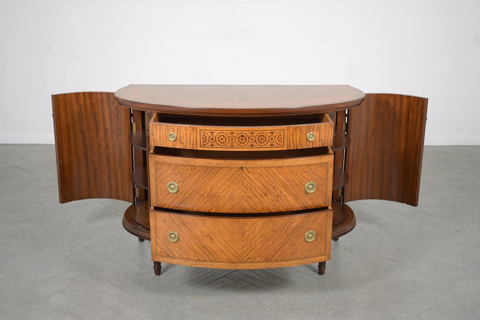 1940s Restored French Louis XVI Demilune Commode with Fruitwood Inlays & Molding In Good Condition In Los Angeles, CA