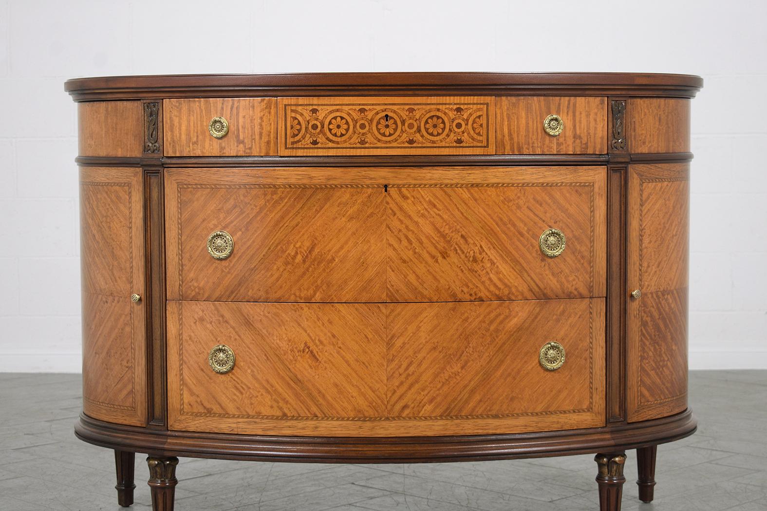 Stained 1940s Restored French Louis XVI Demilune Commode with Fruitwood Inlays & Molding