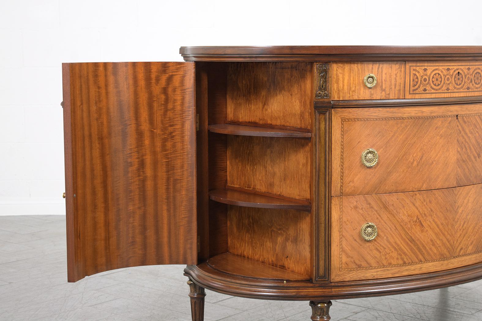 Mid-20th Century 1940s Restored French Louis XVI Demilune Commode with Fruitwood Inlays & Molding